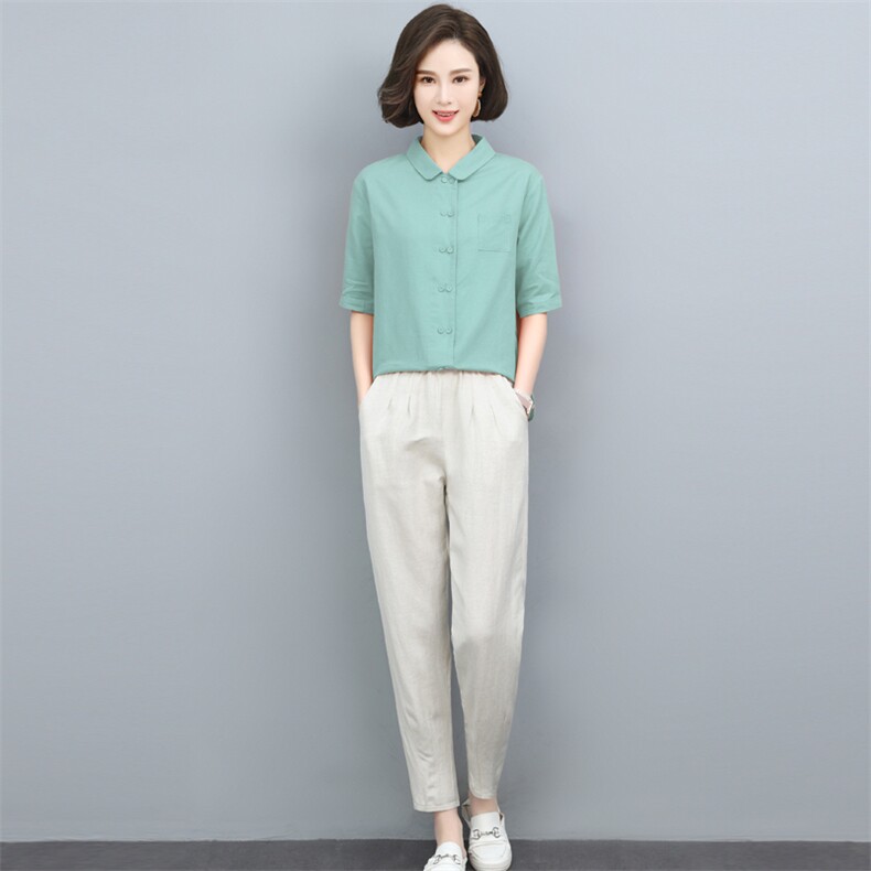 夏季套装2024新款女士休闲棉麻上衣小脚裤宽松薄款透气时尚两件套,女装套装/套裙,璐依舞
