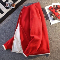 84893-特P75秋冬休闲圆领毛衣男纯色针织开衫红色开衫假两件外套，男装针织衫/毛衣，电商D310B