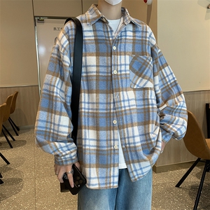 A720-P40 秋季新款长袖格子衬衫男士潮流宽松休闲衬衣外套男图片