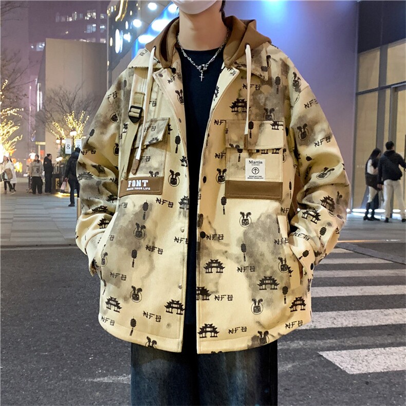 2024春秋款拼接假两件连帽夹克男潮牌印花工装 A436-D1202-P73图片