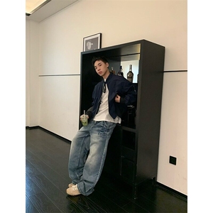 美式飞行员教练服夹克男士春秋季宽松休闲潮牌棒球服纯色工装外套图片