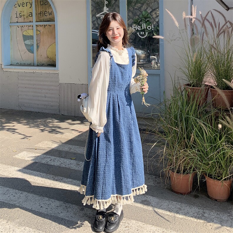 时尚慵懒感牛仔背带裙套装女2025春季新款木耳边衬衫背带裙两件套,女装连衣裙,2C198