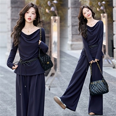 2025年秋新款时尚舒适荡领T恤阔腿裤两件套高级感气质复古轻熟风，女装套装/套裙，流量+