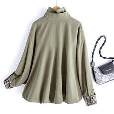 水衣源2796款灯笼外套女咸菜绿立领格子拼接洋气一手长风衣，女装风衣，水衣源