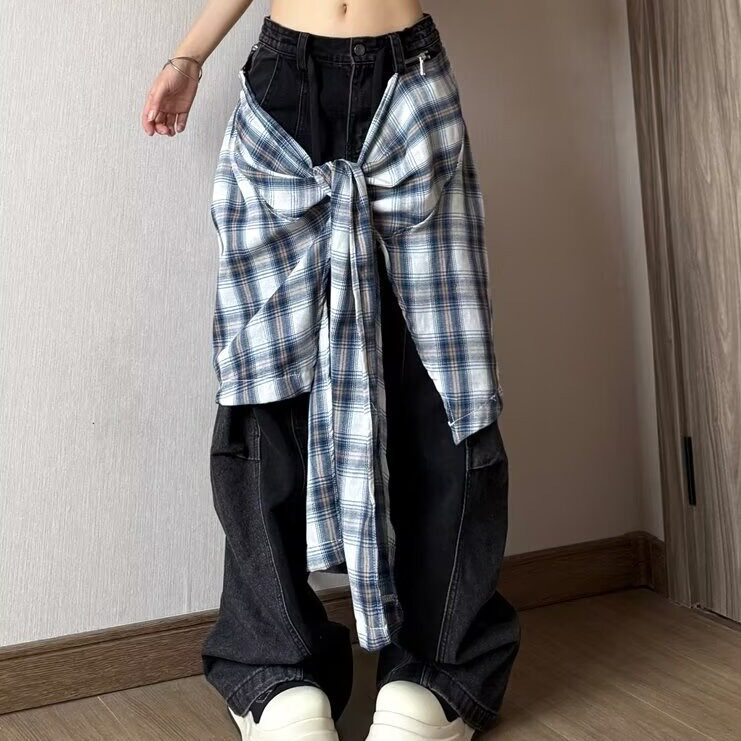美式街头假两件拼接裙摆爵士舞运动裤女新款阔腿宽松休闲裤子,女装休闲裤,星座1210-1