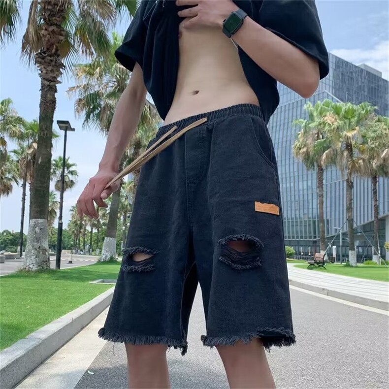 水洗破洞牛仔短裤男夏季潮牌美式痞帅毛边炸街短D912-P32,男装牛仔裤,星座1001-1