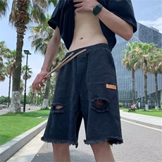 水洗破洞牛仔短裤男夏季潮牌美式痞帅毛边炸街短D912-P32，男装牛仔裤，星座1001-1