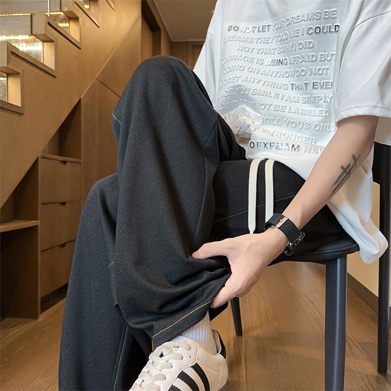 蓝色冰丝牛仔裤男款春秋季2025新款美式复古垂坠感宽松直筒休闲裤,男装休闲裤,电商A022
