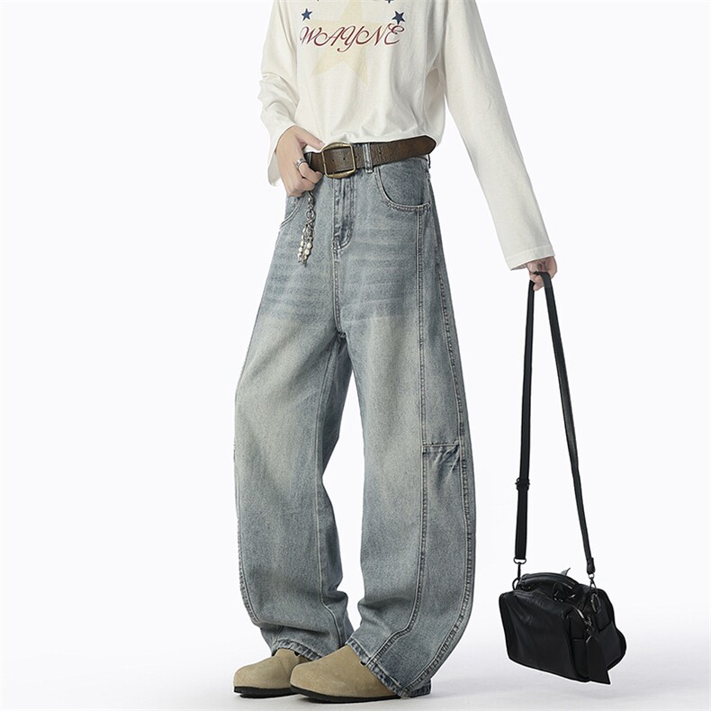 美式拼接弯刀牛仔裤潮牌新款宽松直筒阔腿复古长裤子，男装牛仔裤，星座1504（原917）