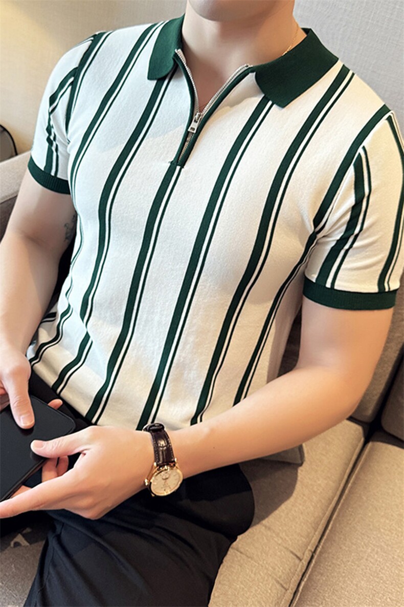 盗图条纹针织薄款拉链翻领冰丝短袖Polo衫PL69/P55控69,男装Polo衫,电商A243