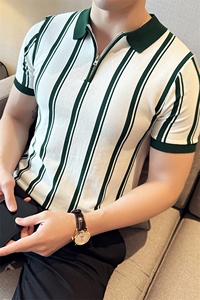 盗图  条纹针织薄款拉链翻领冰丝短袖Polo衫PL69/P55控69图片