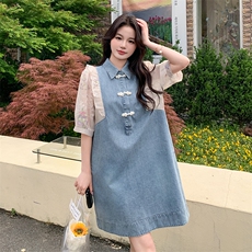 夏季牛仔拼接连衣裙中长款女，女装连衣裙，浙宝069
