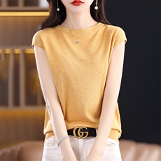 天丝亚麻针织短袖t恤女2025春薄款圆领无袖上衣冰丝背心落肩T恤女，女装羊毛衫，蚂蚁派对工厂直营店