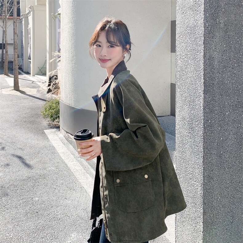 工装风复古军绿色廓形翻领夹克短外套2C212-G217-P185-K298,女装短外套,2C212