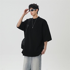 港风美式vibe潮流宽松拼接款圆领半袖T恤男潮XZ213-T008-P35控58，男装T恤，星座213