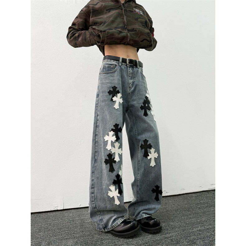 美式高街新款十字架贴布牛仔长裤宽松百搭休闲男女款N707-P60,男装休闲裤,星座308B-2