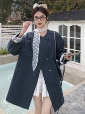 法式蕾丝拼接风衣外套女韩版宽松2025年春季新款中长款大衣，女装西装，牡丹诺