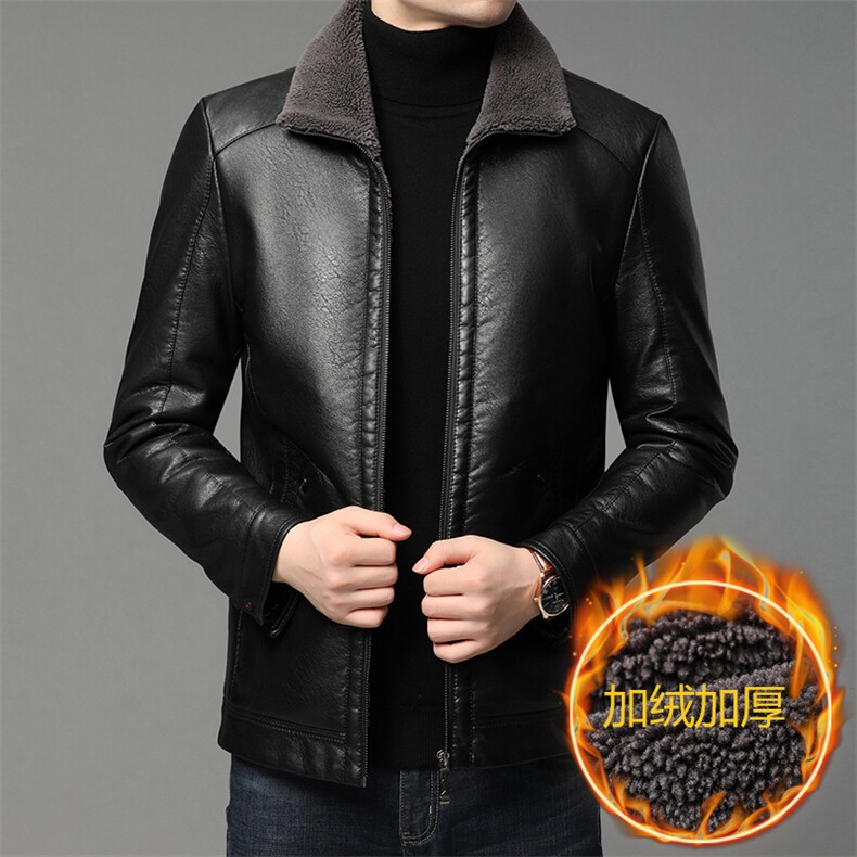 新款休闲皮衣男翻领中年爸爸装加绒加厚皮衣外套QLMP7555-P140,男装皮衣,电商B212（原钱塘6029）