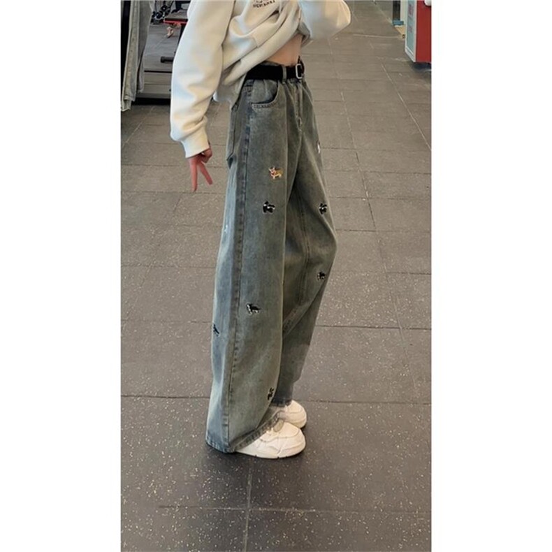 卡通刺绣蓝色牛仔裤春款男士美式水洗微喇裤子宽松阔腿休闲裤,男装牛仔裤,星座410-6（原星座1304-1）