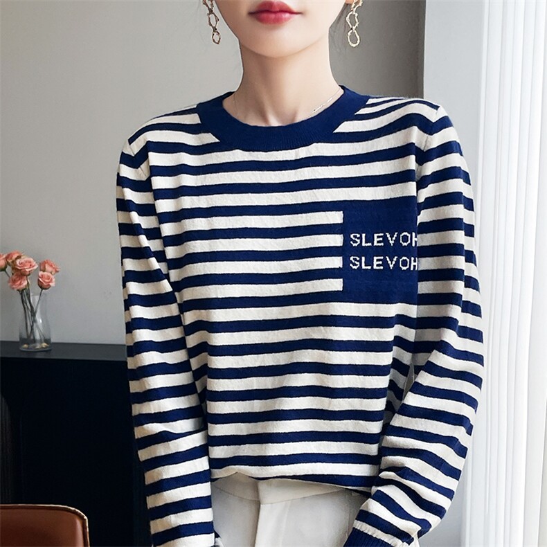 早秋新款条纹针织衫女2025年新款秋冬时尚洋气撞色内搭圆领打底衫，女装针织衫/毛衣，斯美雅安迪绒
