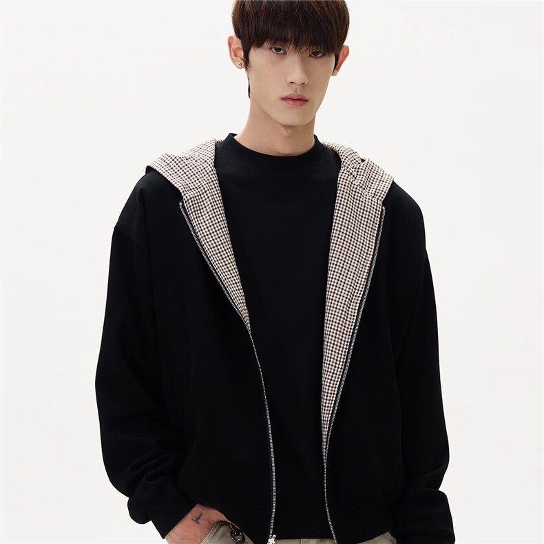 小众双面穿千鸟格短款拉链连帽卫衣男休闲开衫外套衫WY952P73，女装短外套，星座1013-5