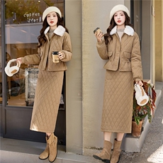 菱格羽绒服套装女秋冬高级感2025新款保暖带毛领套装裙两件套，女装套装/套裙，冬木谷雨
