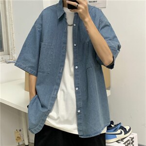 牛仔短袖衬衫男夏季薄款港风衬衣潮流痞帅宽松休闲外套CS528-P40图片
