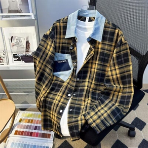 W480-P40长袖格子字母刺绣衬衫早秋穿搭拼接牛仔领格纹衬衣外套