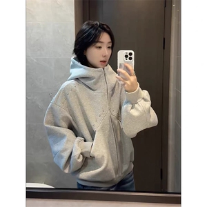 抖音得物高品质二开26春装美式高街铆钉拼接纯色开衫卫衣外套W122图片