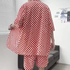 2025夏季美式短袖衬衫套装男士夏季薄款潮流休闲宽松千鸟格，男装衬衫，星座1210-1