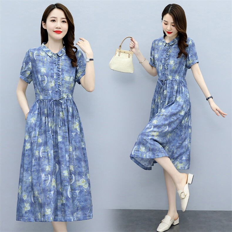 2024夏季新款简约气质优雅小翻领腰部系带收腰设计修身连衣裙，女装连衣裙，伊航服饰