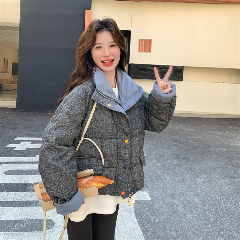韩系灰色撞色短款羽绒服外套女冬2025新款设计保暖白鸭绒气质外套,女装羽绒服,艾米莉亚