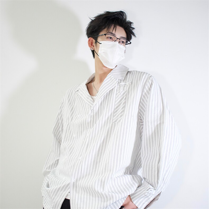 明星私服撕漫男衬衫外套学院风男大竖条纹衬衫翻领外套P45,男装衬衫,电商B319