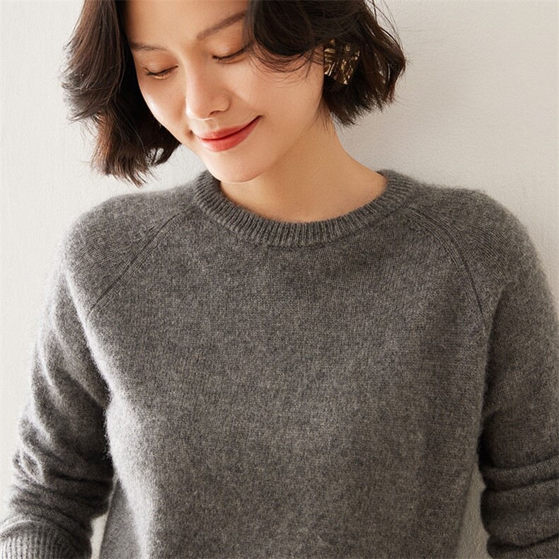 2024秋季新款女士圆领长袖短款套头衫通勤百搭35%羊绒衫,女装羊绒衫,澳煜绒