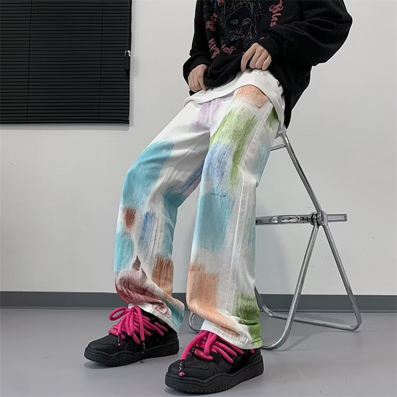 美式彩绘牛仔拖地裤男夏季2023新款高腰显瘦设计感阔腿直筒长裤潮图片