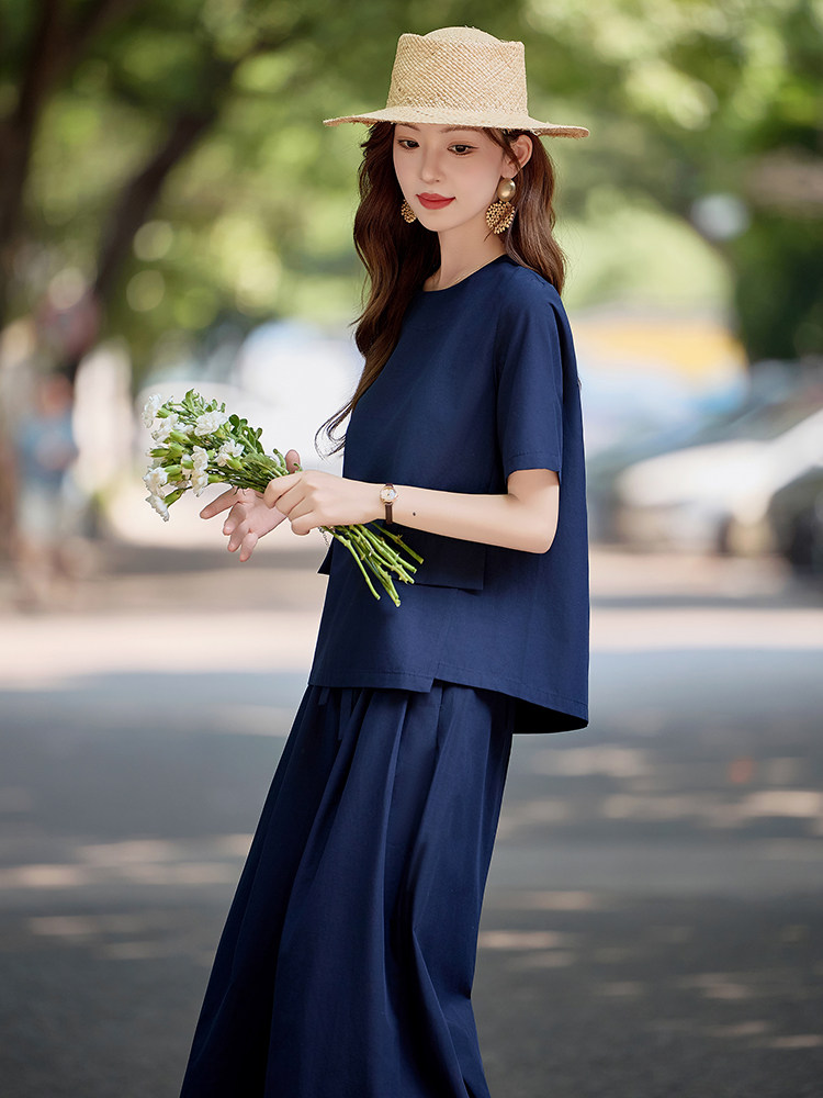 高级感时尚休闲套装女2025夏季新款宽松显瘦短袖上衣阔腿裤两件套,女装套装/套裙,水衣源