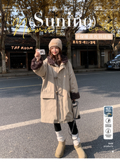 卡其色工装连帽圈圈毛拼接羽绒服女2025年冬季新款90绒长款派克服，女装羽绒服，2C159