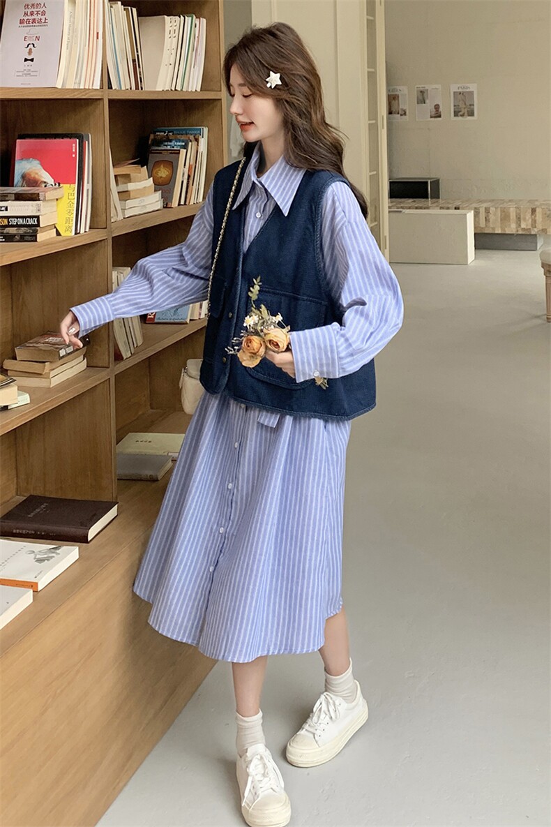 现货牛仔马甲+条纹衬衫收腰裙两件套2C206-L158-P165-K228,女装套装/套裙,2C206