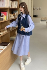 现货牛仔马甲+条纹衬衫收腰裙两件套2C206-L158-P165-K228，女装套装/套裙，2C206