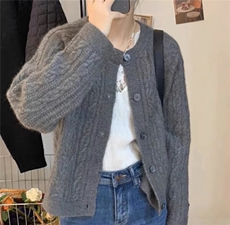 复古提花100%纯羊毛开衫女士圆领加厚毛衣宽松慵懒羊绒衫针织外套，女装针织衫/毛衣，艾驰羊绒
