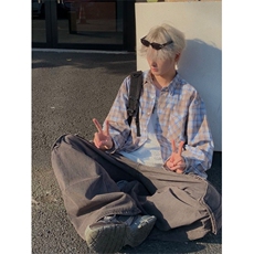 美式扎染粉色格子长袖衬衫男女防晒宽松休闲衬衣外套MS111-p45，男装防晒衣，星座1008