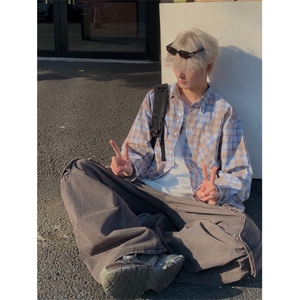 美式扎染粉色格子长袖衬衫男女防晒宽松休闲衬衣外套MS111-p45图片