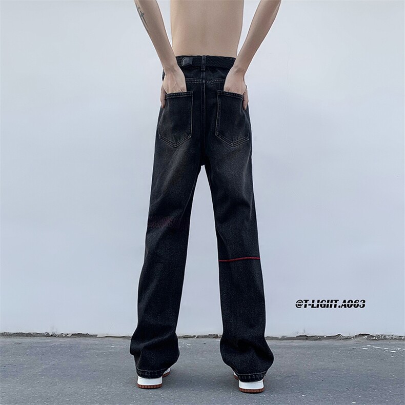 美式ins高街hiphop刺绣重工艺水洗直筒牛仔裤货号K689P55图片