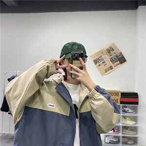 910A-J秋装新款拼色情侣夹克男女韩版宽松百搭外套男图片