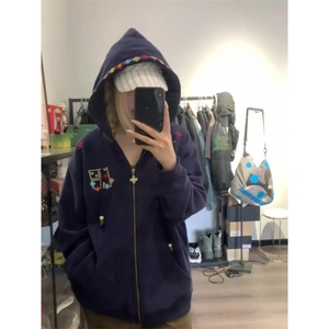 5407-P53原版拉链帽绳天鹅绒复合休闲卫衣外套薄款/加绒,米色格子羊绒大衣怎样搭配内衣女图片