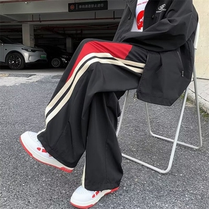 机能防水冲锋裤青年条纹拼接裤痞帅宽松直筒阔腿休闲长裤图片