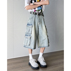 牛仔工装七分裤男2025夏季新款美式复古高街小众短裤潮DK0945-P52，男装牛仔裤，星座308B-1