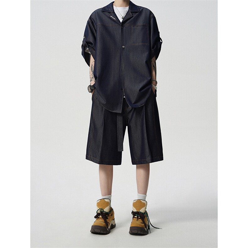 8XL-M夏季简约高级感冰丝牛仔古巴领男休闲痞帅宽松套装潮TZ109,男装休闲套装,电商D206-1