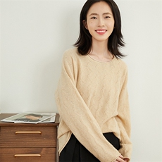 打底针织衫女纯色洋气坑条纹宽松显瘦长袖35%羊绒衫，女装羊绒衫，万品羊绒