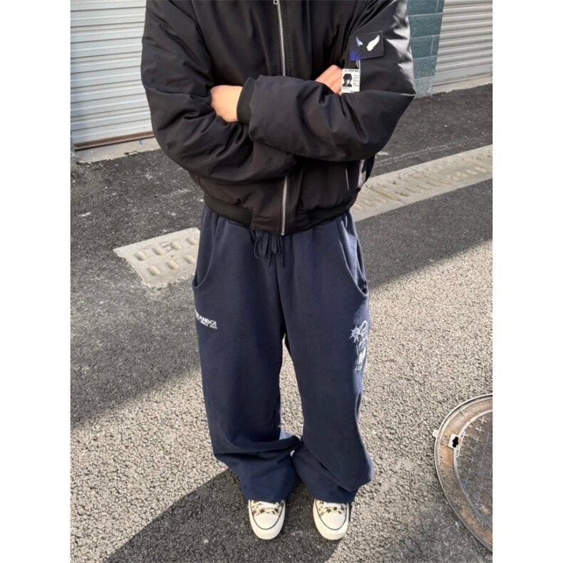 美式通勤字母藏青色抽绳卫裤男女同款百搭通勤宽松直筒休闲长裤图片